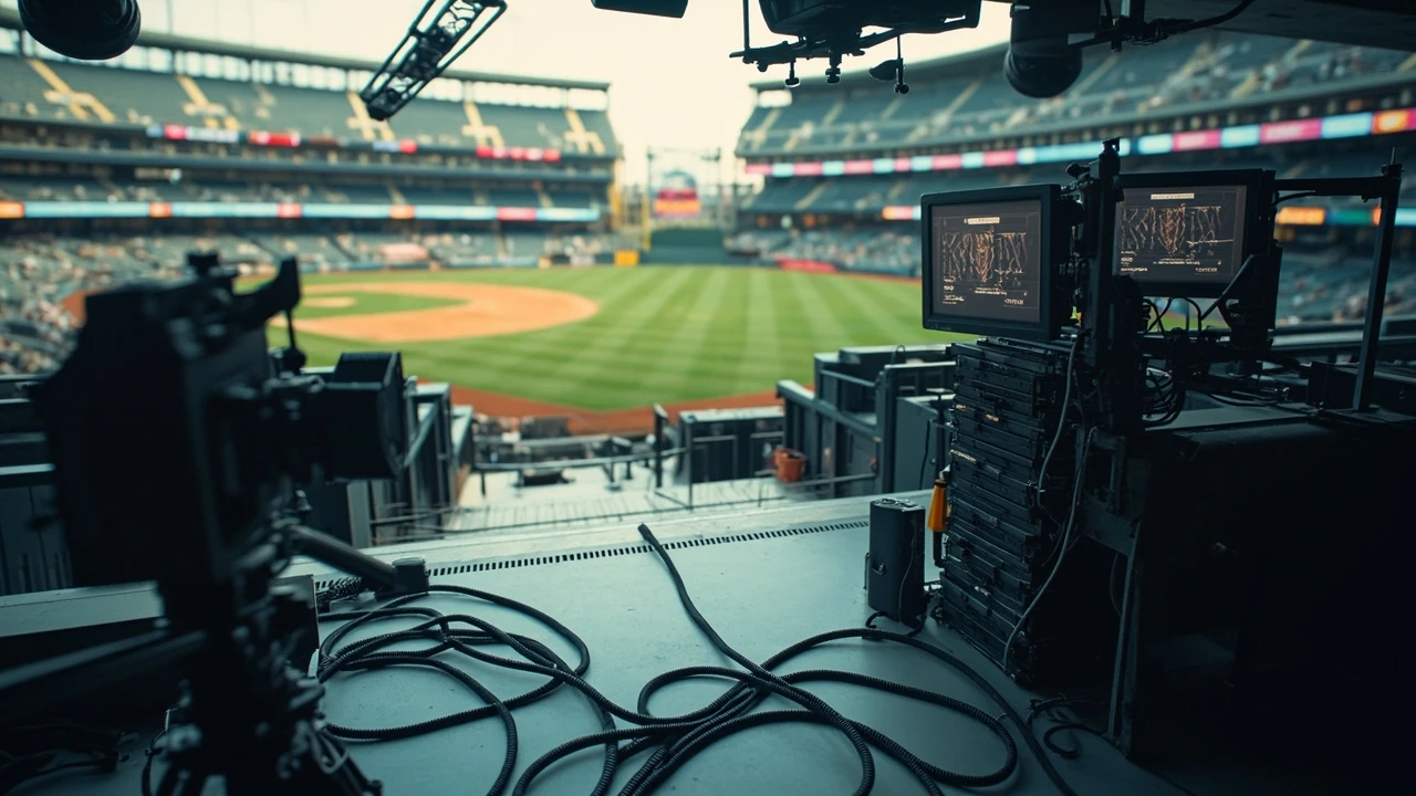Editorial image of a baseball broadcast setup representing MLB The Show 26 development notes