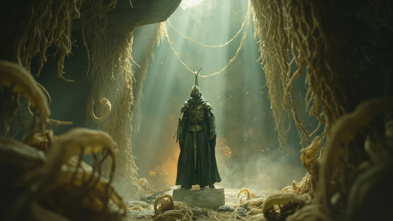 Green prince silksong character concept with moss-toned cloak in a pale cavern setting