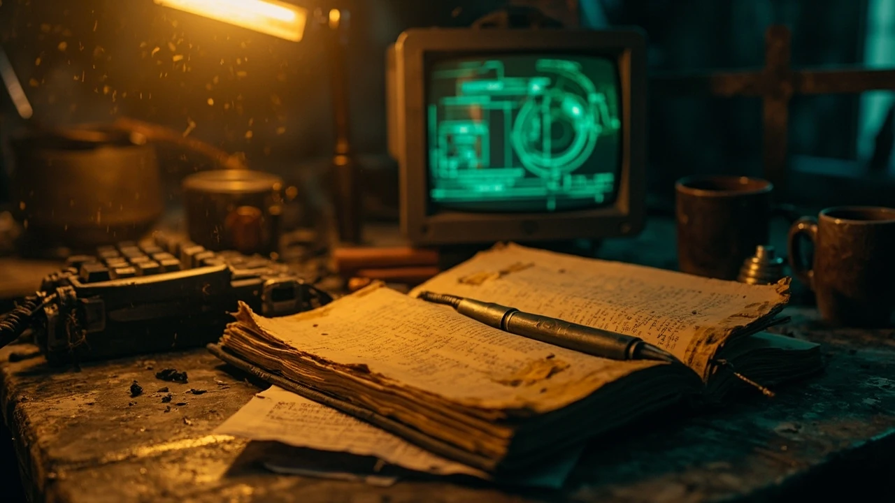 Fallout 3 console commands reference card on a workbench