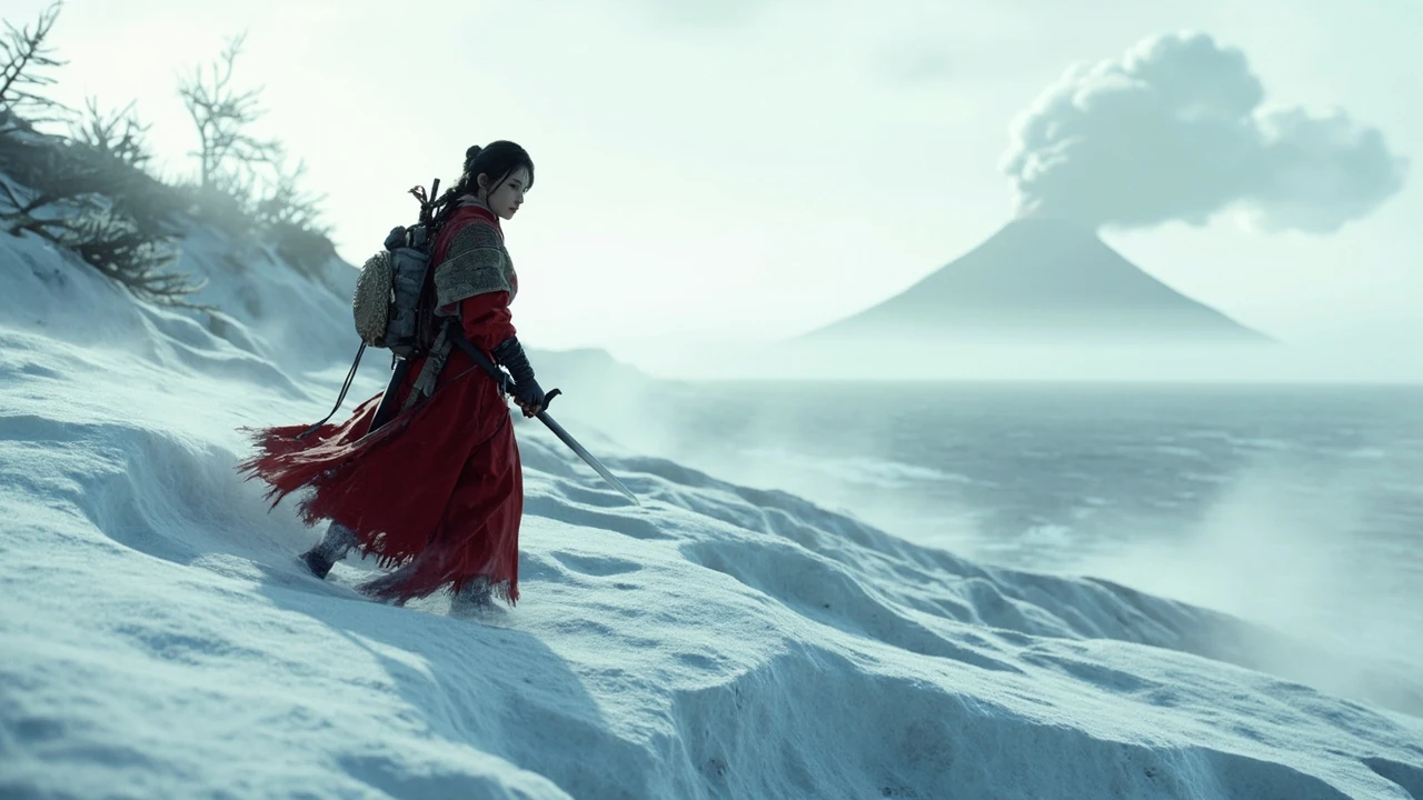 Crimson kimono Ghost of Yotei hero, a lone figure in a red kimono on a snow-covered Hokkaido ridge